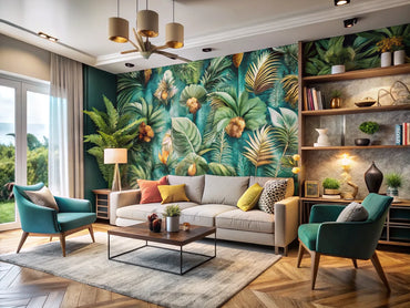 Stylish living room with a vibrant wallpaper accent wall showcasing modern design ideas.