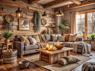 Cozy interior design showcasing rustic textures and warm wallpaper, enhancing warmth and coziness in the space.