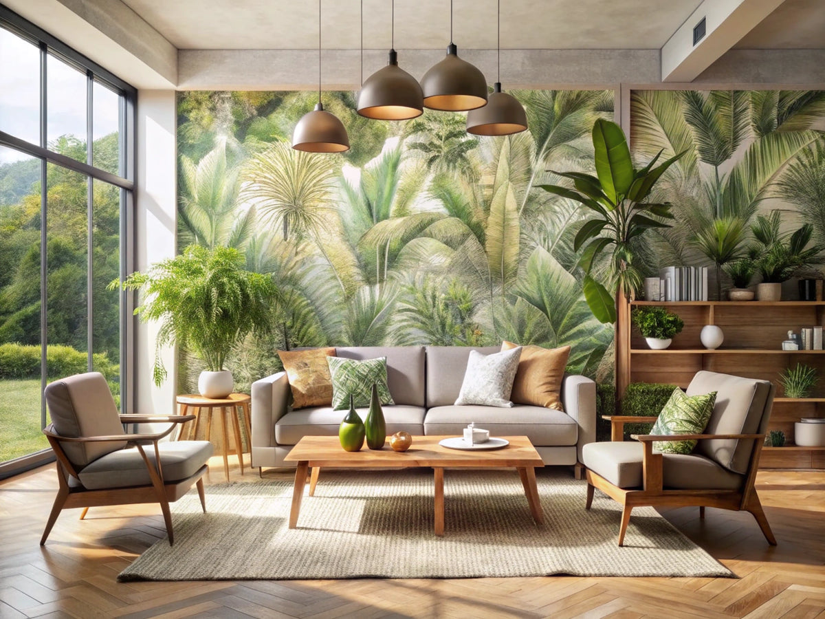 Cozy modern living room showcasing eco-friendly leaf-patterned wallpaper, biophilic design with indoor plants, and sustainable wooden furniture.