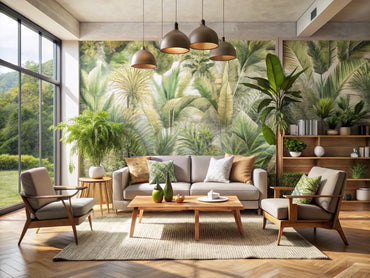 Cozy modern living room showcasing eco-friendly leaf-patterned wallpaper, biophilic design with indoor plants, and sustainable wooden furniture.
