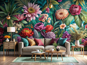 Modern interior featuring vibrant floral wallpaper designs with oversized blooms and intricate botanicals, reflecting contemporary home decor trends of 2025.