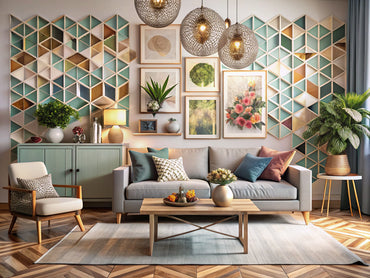 A modern living space showcasing a blend of geometric patterns and floral motifs in home decor, highlighting stylish furniture and decorative elements.