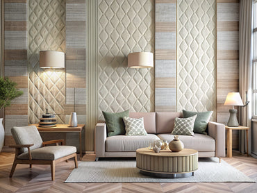 modern interior showcasing embossed, woven, and 3D textured wallpaper samples in neutral and pastel tones under soft natural light.