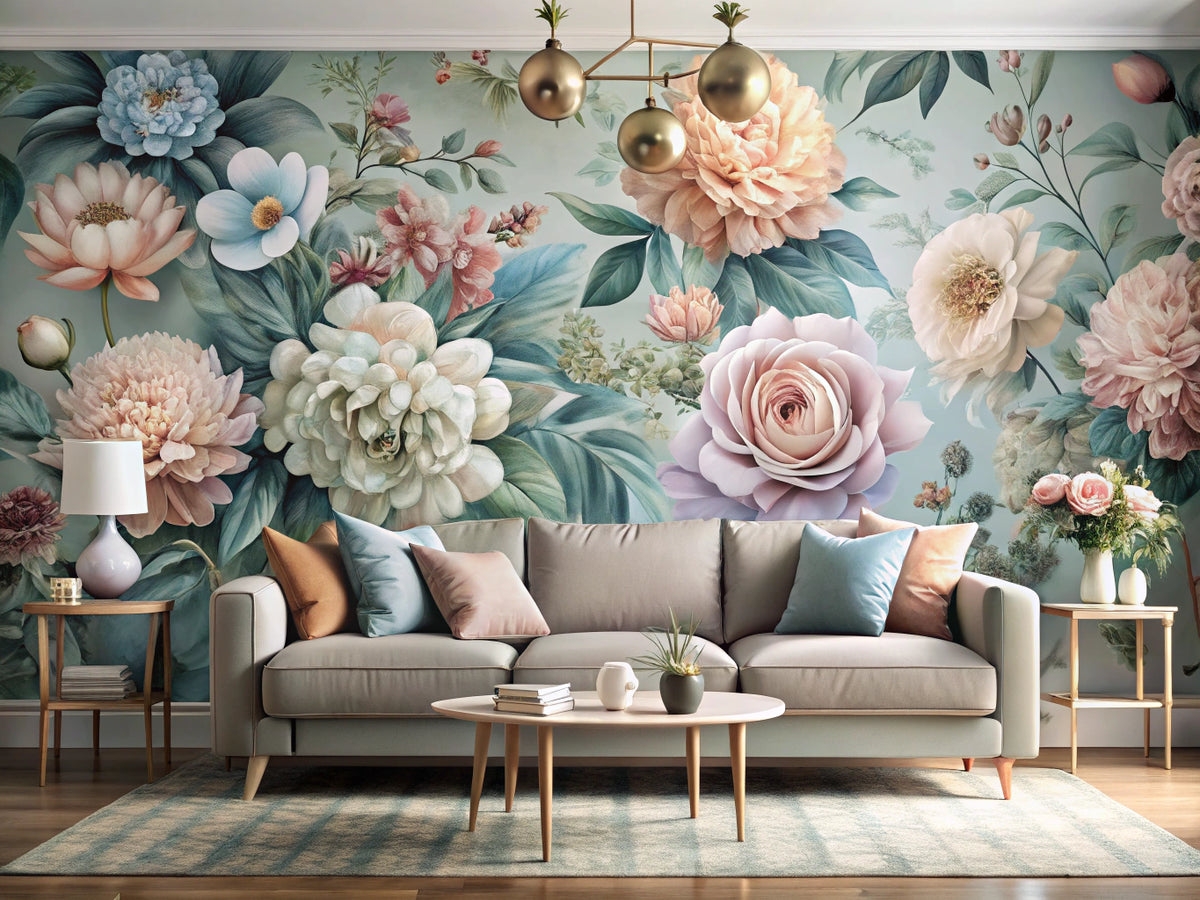 Modern living room with elegant large-scale pastel floral wallpaper accent wall