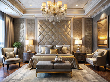 Luxurious interior featuring metallic wallpaper designs, showcasing elegance and sophistication in a stylish living room.