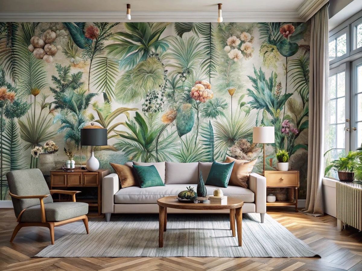 A modern interior showcasing innovative wallpaper designs, including textured wallcoverings and artistic murals, reflecting the latest trends in home decor.