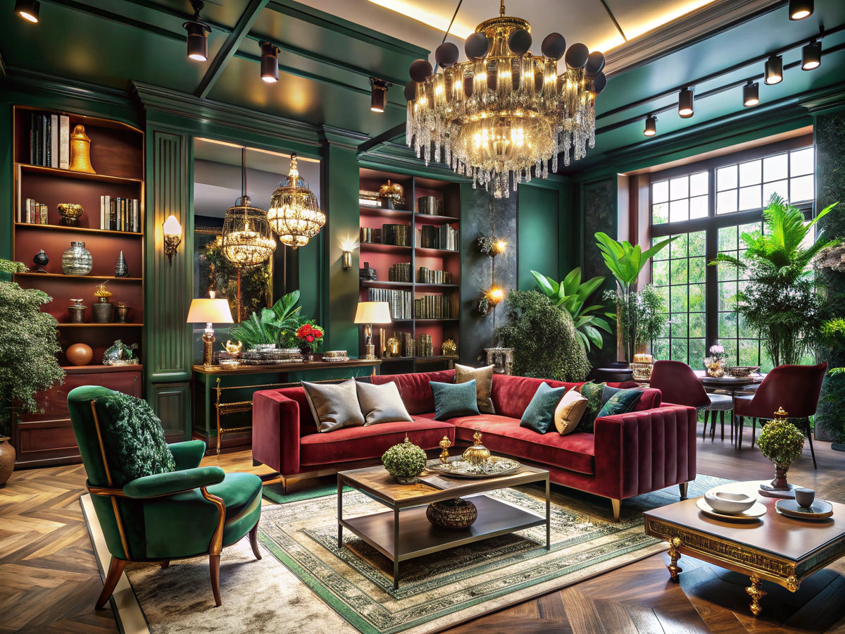 Luxurious interior design featuring opulent jewel tones and sustainable materials.