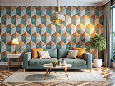 A stylish interior featuring various geometric wallpaper designs that enhance the space with modern patterns and vibrant colors.