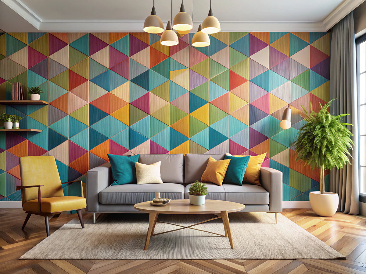 Modern living room with vivid bold geometric wallpaper accent wall