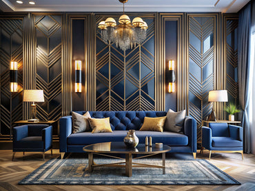 Luxurious Art Deco inspired living room with gold geometric accents, deep blue velvet sofa, and brass coffee table reflecting 1920s glamour in modern interiors.