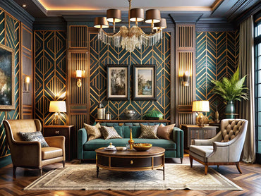 Elegant interior showcasing Art Deco wallpaper with geometric patterns and luxurious decor.