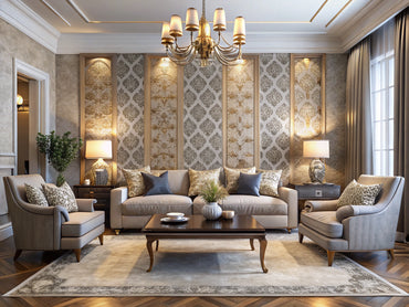 Luxurious modern living room with richly textured wallpaper accent wall adding depth and elegance
