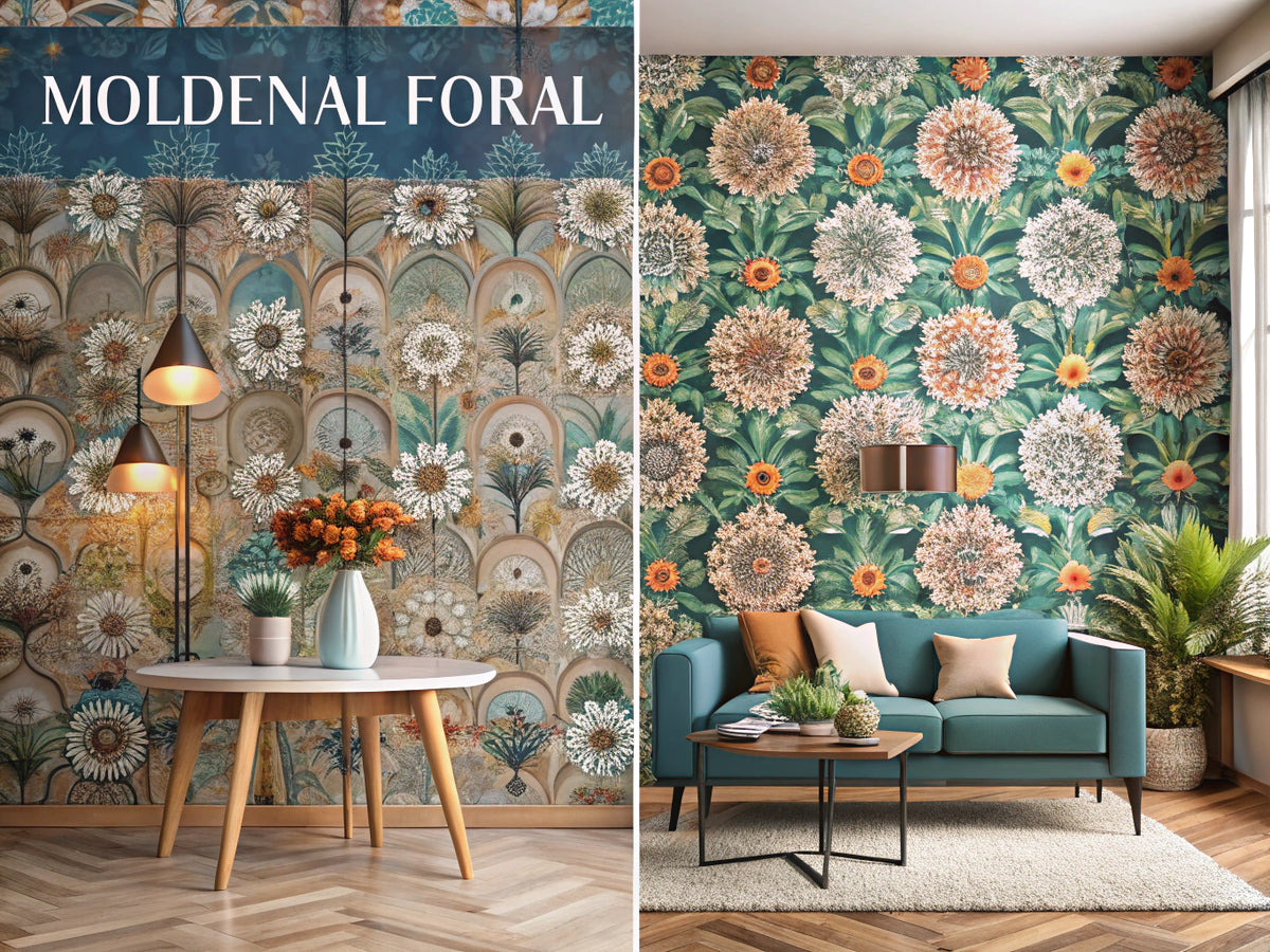 A vibrant feature image contrasting geometric patterns and floral accents, illustrating the choice for creating a statement wall in interior design.