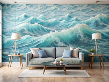 modern living room featuring calming blue tidal waves wallpaper design