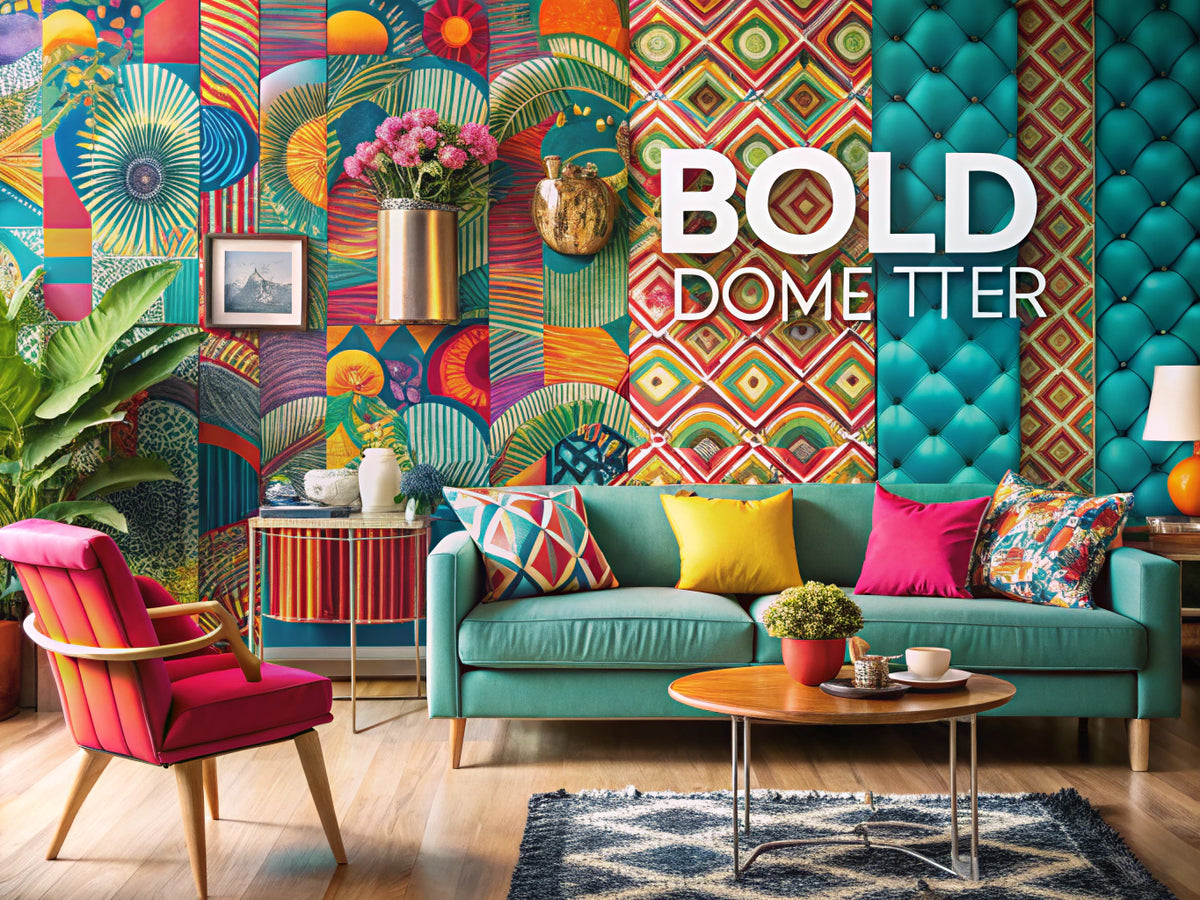A vibrant living space showcasing a variety of bold patterns in home decor, including wallpapers and textiles, emphasizing creativity and personality.