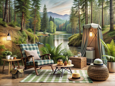 Cozy living room transformed into a scenic campground with forest-inspired wallpaper, faux greenery, and camping decor
