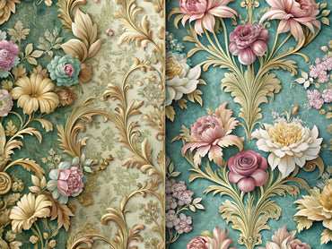 Split-view textured floral wallpaper designs in pastel botanical patterns vs. ornate gold baroque wallpaper designs on rich backgrounds