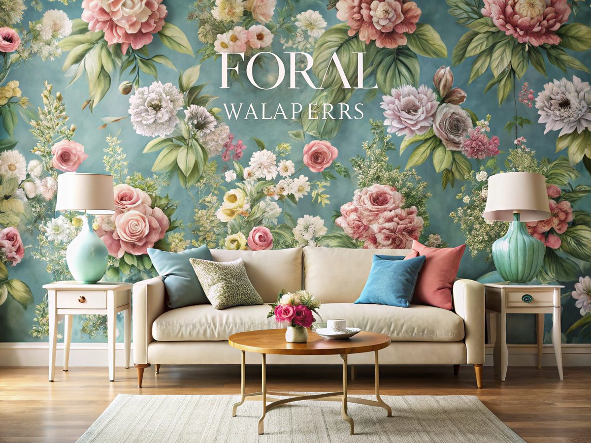 A serene interior showcasing a variety of floral wallpapers, reflecting tranquility and elegance in nature-inspired decor.