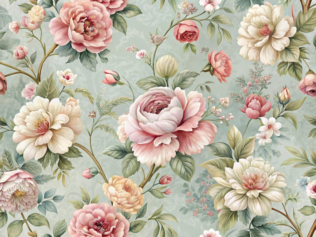 Elegant floral wallpaper design showcasing timeless beauty and vintage floral patterns, inspired by the Blossom Symphony collection.
