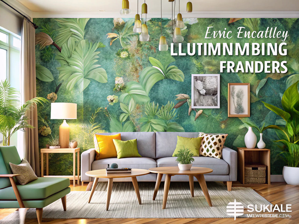 A stylish living room featuring eco-friendly wallpapers and bold accent designs, highlighting sustainable home decor themes.
