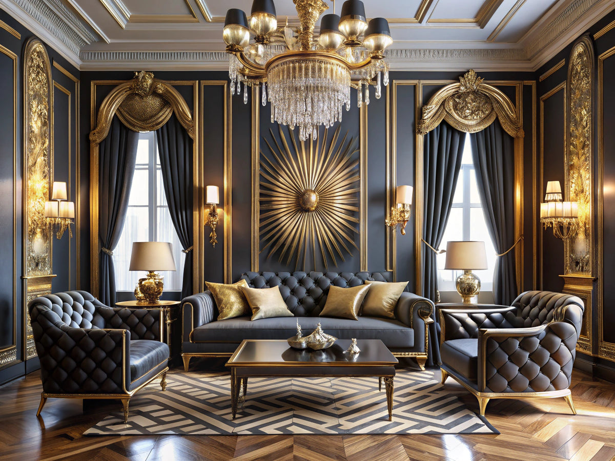 Split vintage interior showcasing Art Deco black and gold geometric design on the left and ornate Regal Baroque gilded furnishings on the right.
