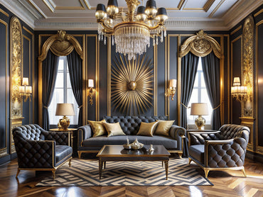 Split vintage interior showcasing Art Deco black and gold geometric design on the left and ornate Regal Baroque gilded furnishings on the right.