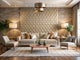 modern living room with warm neutral textured wallpaper feature wall