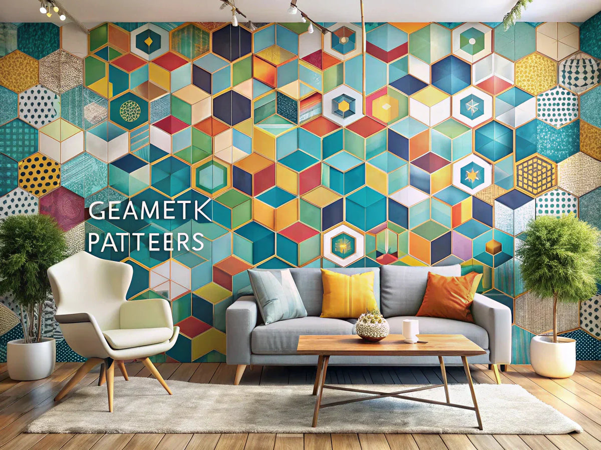 A stylish interior featuring a variety of geometric wallpaper patterns, showcasing triangles, circles, and hexagons in vibrant colors, illustrating the transformative effect of geometric designs in home decor.
