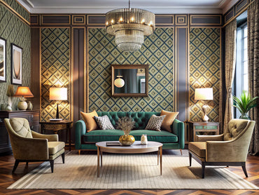 A stylish interior featuring art deco wallpaper, blending vintage charm with modern aesthetics, showcasing geometric patterns and rich colors.