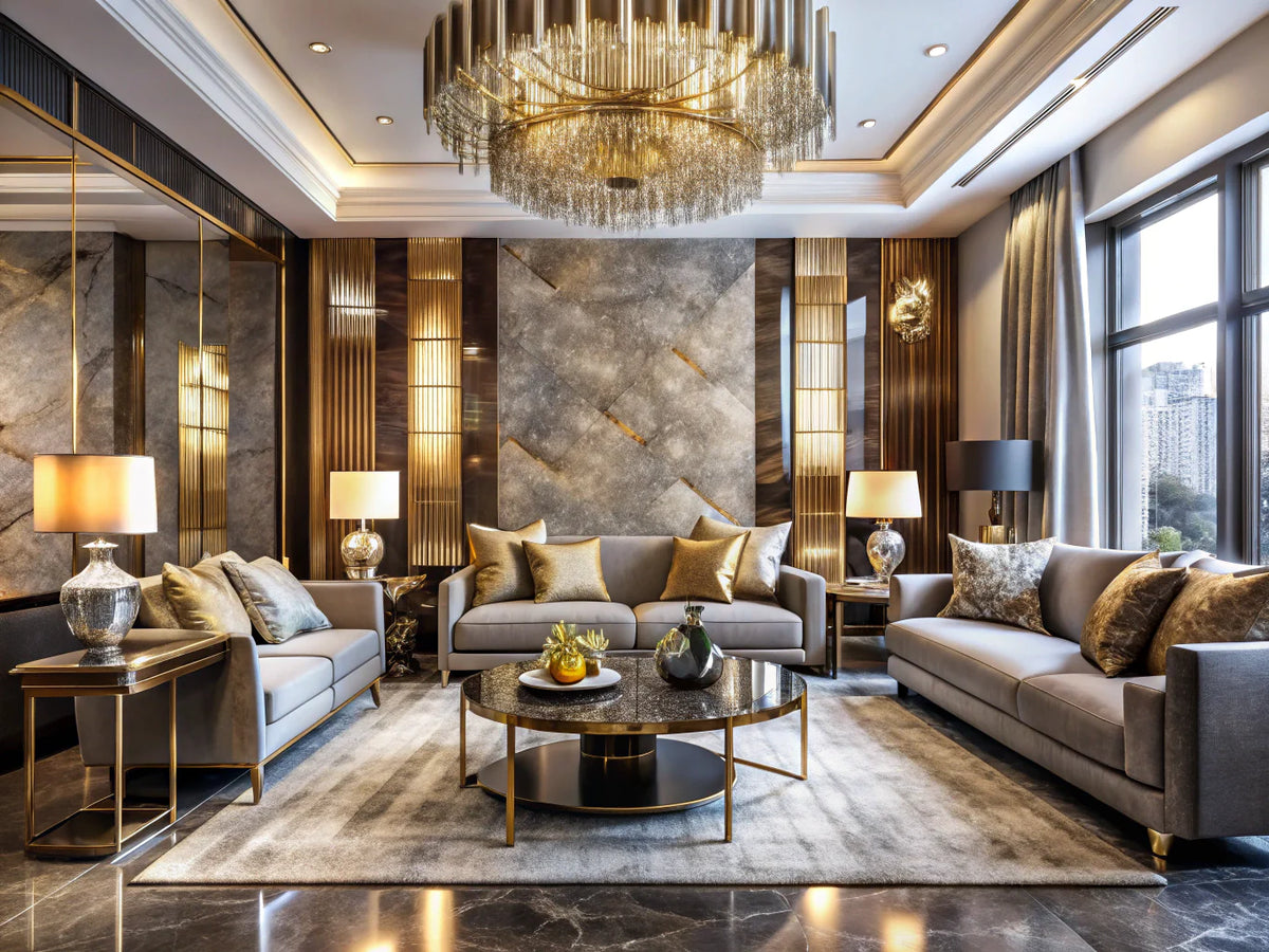 A luxurious modern interior showcasing metallic finishes, emphasizing sophistication and depth in contemporary design.