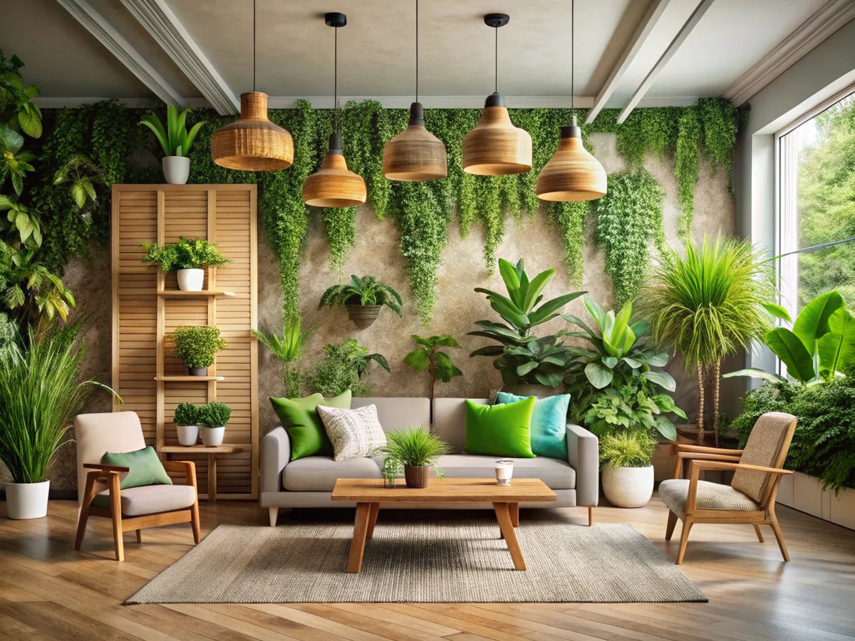 Eco-friendly wallpaper in a serene interior, showcasing natural elements and sustainable decor for a sustainable home.