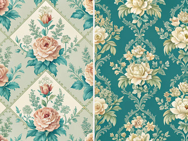 Split image showcasing Floral Majesty's classic floral pattern in soft pastels and Teal Diamond Elegance's bold geometric diamond pattern in teal and cream.