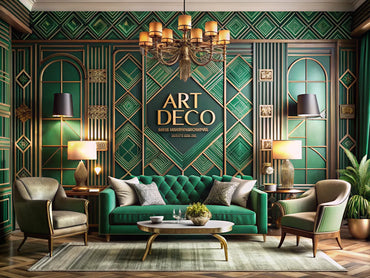Elegant interior featuring Emerald Art Deco wallpaper with geometric patterns and luxurious decor.