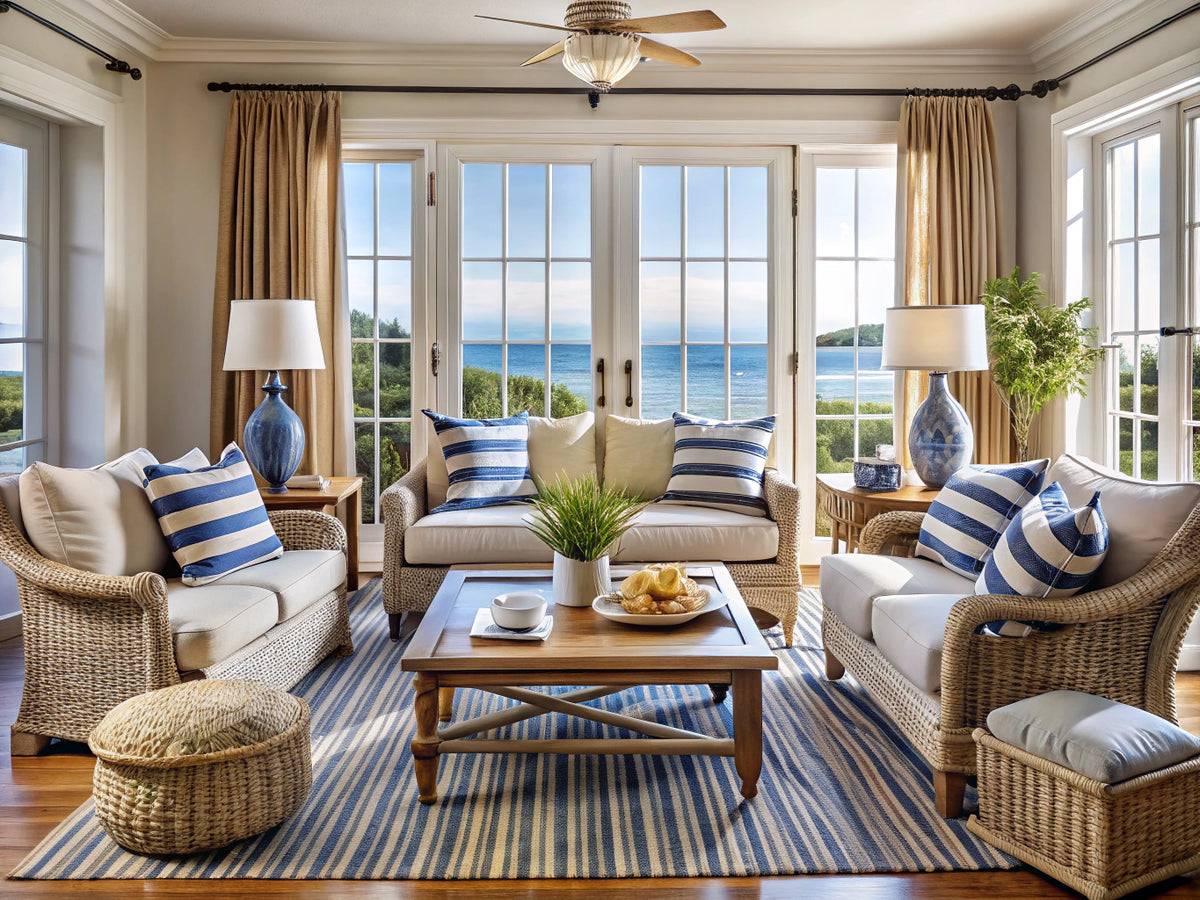 Serene coastal living room with nautical décor featuring driftwood table, striped cushions, wicker chairs, seashell accents, and ocean view through French doors
