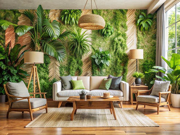 Eco-friendly living room with nature-inspired sustainable wallpaper, recycled paper textures, indoor plants, and wooden furniture.