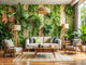 Eco-friendly living room with nature-inspired sustainable wallpaper, recycled paper textures, indoor plants, and wooden furniture.