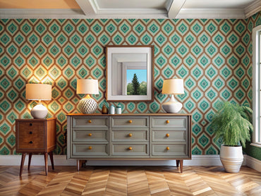 Living room showcasing innovative wallpaper home decor with bold geometric ceiling, wallpapered dresser drawers, and framed wallpaper art on an accent wall