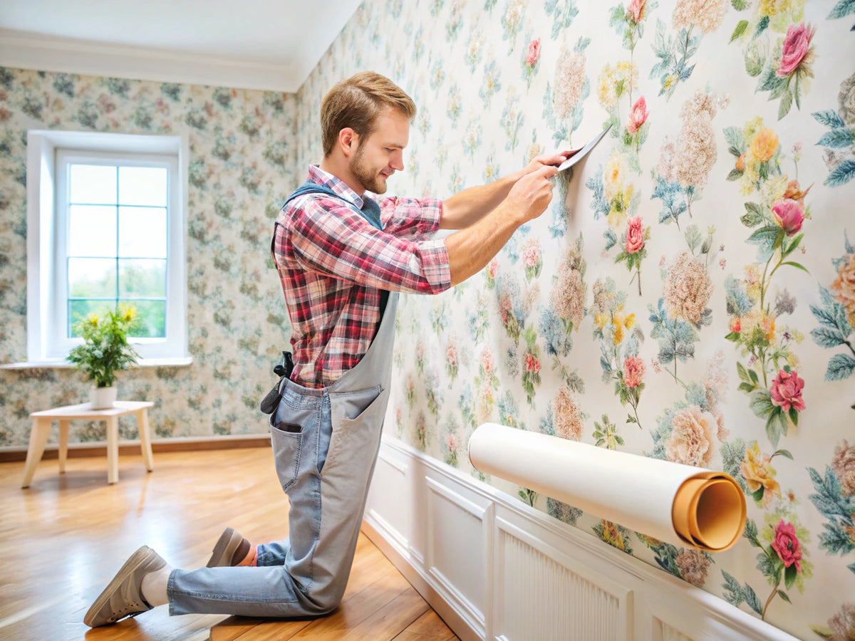DIY decorator applying custom wallpaper and peel-and-stick wallpaper side by side in a bright living room with tools