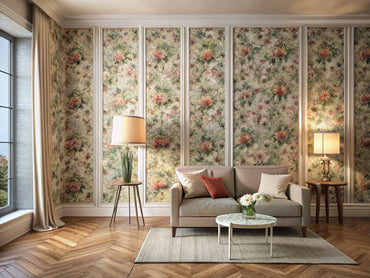 Photorealistic interior showcasing textured, peel-and-stick floral, and geometric wallpapers under natural and artificial lighting for choosing the perfect wallpaper.