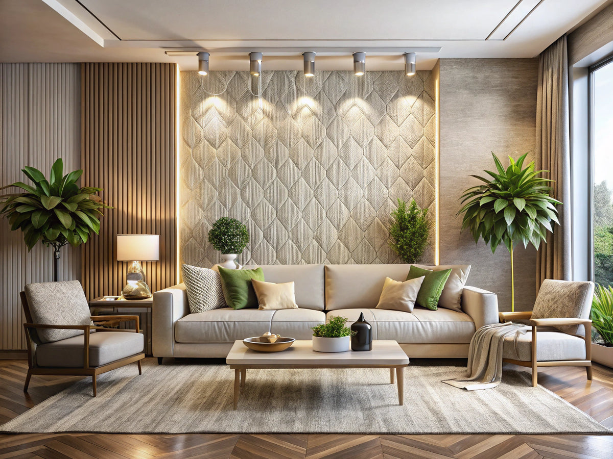 Modern living room with textured wallpaper accent wall, contemporary furniture, and soft ambient lighting