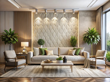 Modern living room with textured wallpaper accent wall, contemporary furniture, and soft ambient lighting