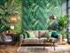 Split-view living room with lush green botanical Verdant Oasis wallpaper on the left and bold metallic geometric Art Deco Mirage wallpaper on the right.