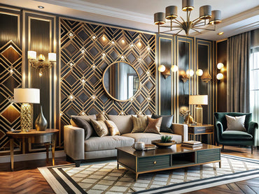 Luxurious interior featuring Art Deco wallpaper with bold geometric patterns, showcasing modern home decor elegance.