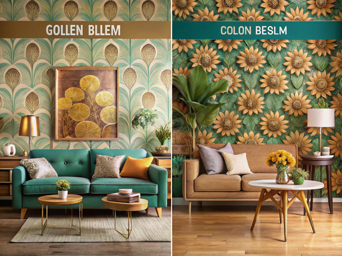 A vintage-themed living room showcasing Golden Bloom Retro wallpaper with floral patterns and Retro Wave Harmony wallpaper with geometric designs, highlighting their distinct styles and color palettes.