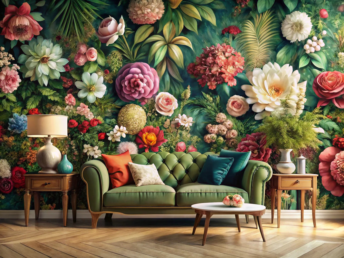 A luxurious interior featuring bold floral wallpaper, creating a serene garden atmosphere with oversized floral patterns and natural elements.