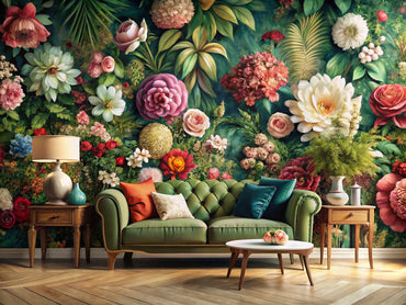 A luxurious interior featuring bold floral wallpaper, creating a serene garden atmosphere with oversized floral patterns and natural elements.