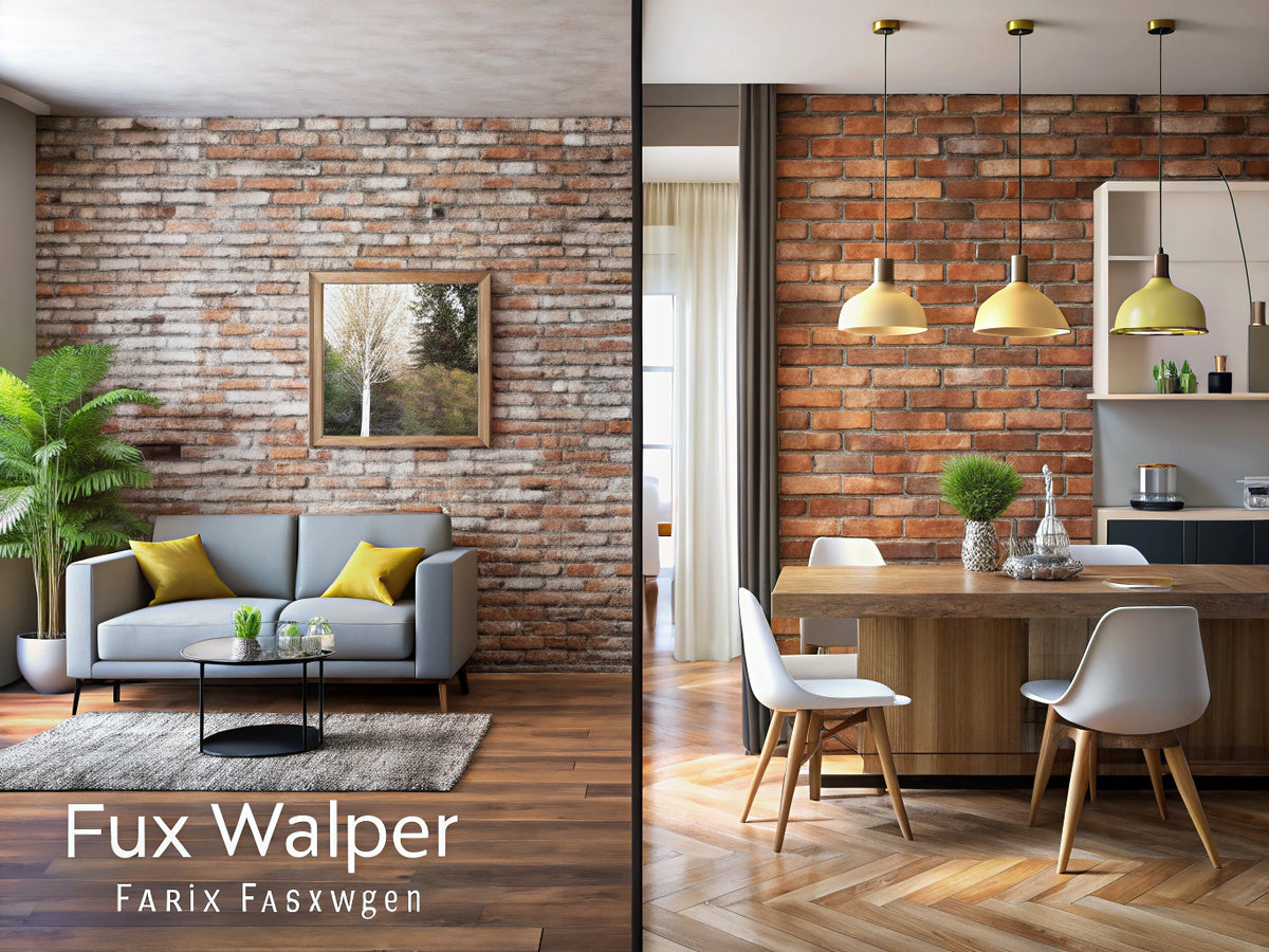 Chic interior featuring faux brick and faux wood wallpapers, showcasing textured elegance for a stylish ambiance.