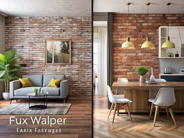 Chic interior featuring faux brick and faux wood wallpapers, showcasing textured elegance for a stylish ambiance.