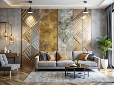Split interior wall with textured faux finishes on the left and bold geometric abstract patterns on the right in a modern living room setting.