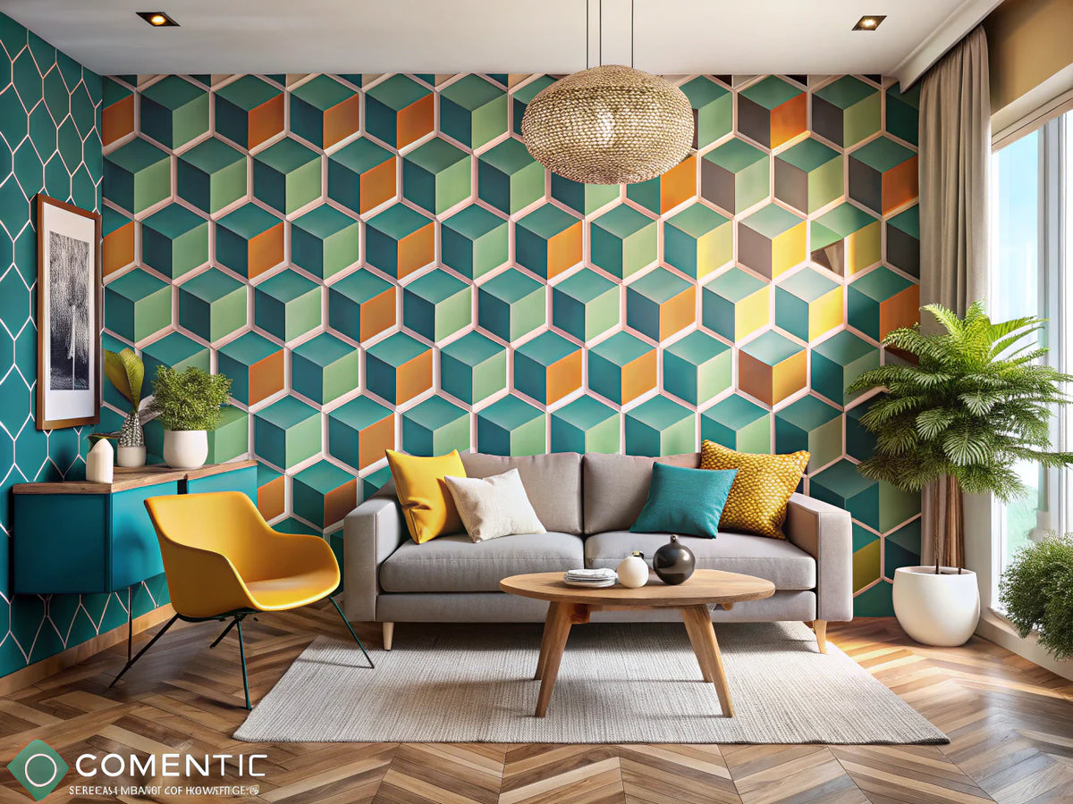 Modern interior with geometric wallpaper accent wall showcasing vibrant patterns and contemporary decor.